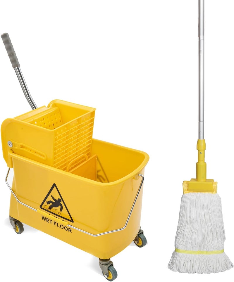 Midoneat Mop Bucket with Wringer, 22 Qt (5.5 Gallon), Handle, Wheels,Floor Cleaning, 16.5" L x 10.6" W x 26.4" H, Yellow,Add One Cotton Mop - Image 1
